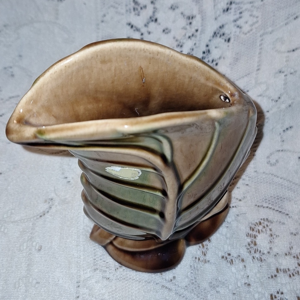 Royal Haeger Brown 6 1/4" Leaf Glazed Ceramic Vintage Vase Planter Labeled - Picture 2 of 5